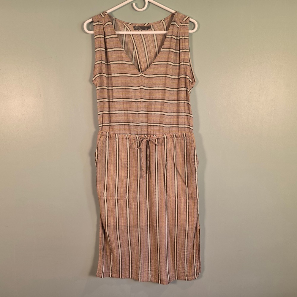 Prana Womens XS Organic Cotton Striped Sleeveless V-Neck Tulip Back Pocket Dress
